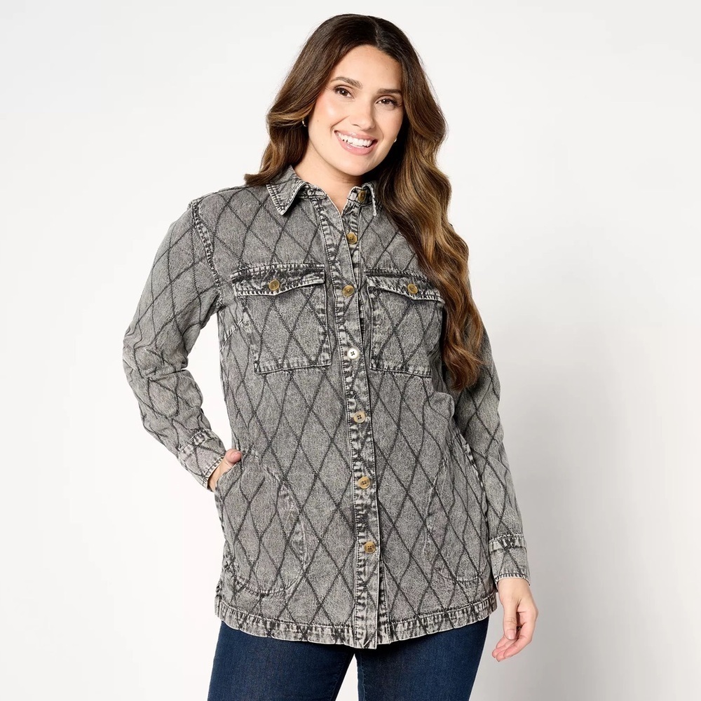 Joan Rivers Grey Wash Denim Boyfriend Shirt Large Diamond Stitch NWT